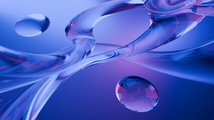 Fluid liquid blue glass shapes and spheres abstract background. 3d illustration