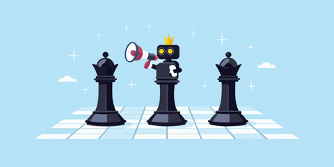 Robot strategist announcing victory on chessboard with queen pieces
