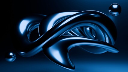 Fluid liquid blue glass shapes and spheres abstract background. 3d illustration