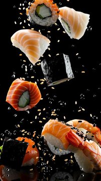 Una composici&oacute;n din&aacute;mica de sushi flotando en el aire, rodeado de semillas de s&eacute;samo.