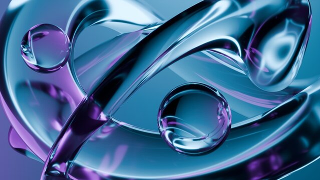 Fluid liquid blue glass shapes and spheres abstract background. 3d illustration