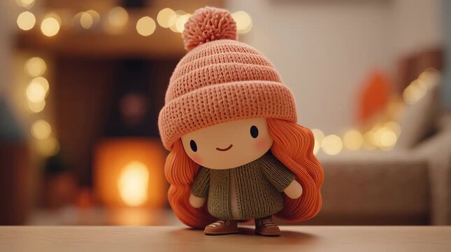 Una adorable mu&ntilde;eca de trapo con un gorro rosa y pelo pelirrojo, sentada frente a una chimenea acogedora.