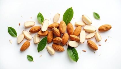 Pile of whole and halved almonds with green leaves on white surface. Tasty nuts offer healthy snack option for diet and nutrition. Raw ingredients used in cooking and baking.