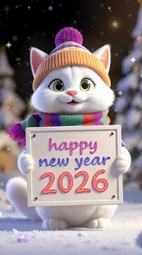 Un adorable gato blanco con un gorro de lana y bufanda sostiene un cartel de 'Feliz A&ntilde;o Nuevo 2026' en un paisaje nevado.