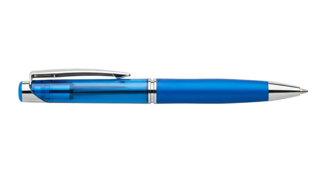a blue ballpoint pen isolated on a transparent background. Ideal for office, stationery, writing, and school supply concepts.