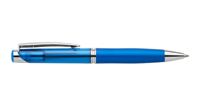 a blue ballpoint pen isolated on a transparent background. Ideal for office, stationery, writing, and school supply concepts.