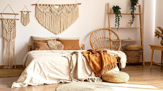 A cozy bedroom with macrame wall art, a comfy bed, wicker chair, and wooden ladder