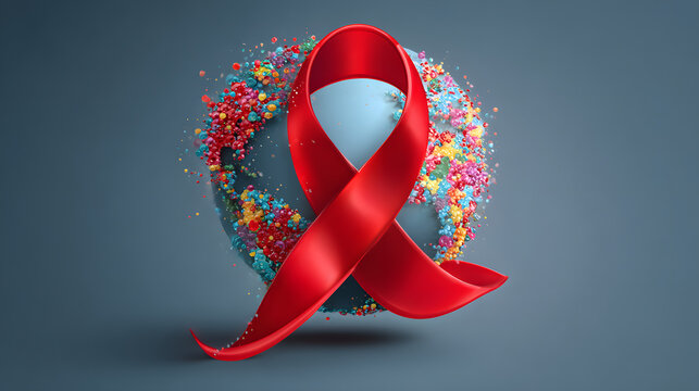 World Aids day illustration banner with red ribbon and earth globe, HIV awareness banner