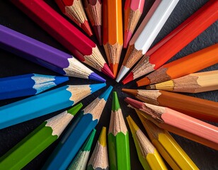 Fototapeta premium Colorful pencil tips create a vibrant, radiating circle against a dark background