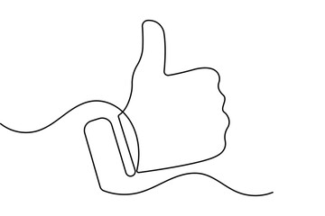 Thumbs up hand symbol in continuous one line drawing with clean minimalist outline illustration with white background
