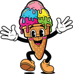 A cheerful cartoon ice cream cone character with four colorful melting scoops and a wide smile.