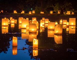 Floating paper lanterns illuminate a dark lake at night. Their warm glow reflects in the still water, with dark trees in the background