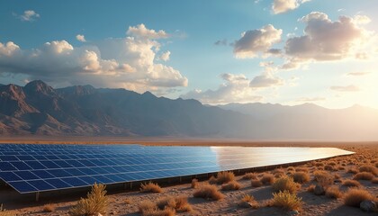 Obraz premium Vast solar farm under bright sky with clouds. Photovoltaic panels spread across arid desert landscape with distant mountains. Clean electricity generation in remote area.