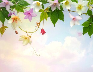 Floral garland with diverse blossoms and verdant leaves arches over a soft, pastel-toned sky, creating a whimsical scene