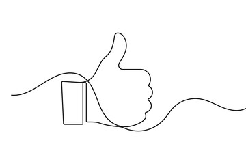 Thumbs up hand symbol in continuous one line drawing with clean minimalist outline illustration with white background
