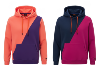 Two color block hooded sweatshirts with drawstring, one orange and purple, the other navy and magenta, isolated on transparent background
