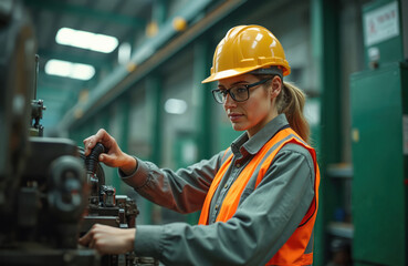 Female engineer operates industrial machine in factory setting. Worker wears hard hat, safety vest checking equipment. Woman ensures quality control in manufacturing plant. Skilled operator works on