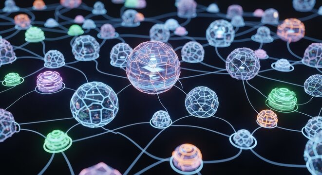 Explore dynamic network nodes interconnected with vibrant futuristic digital pathways in a modern design