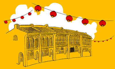 Historical colonial style shop houses with lanterns. Vector, black outline with plain color background.