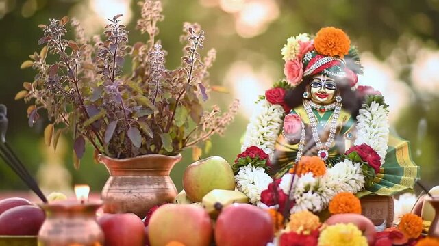 Hindu deity statue with offerings and incense in outdoor setting for devotional purposes