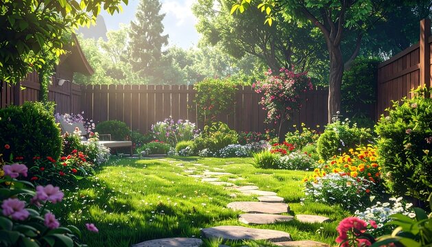 A sunlit backyard showcases a lush green lawn, vibrant flowerbeds, a wooden fence, and scattered stepping stones