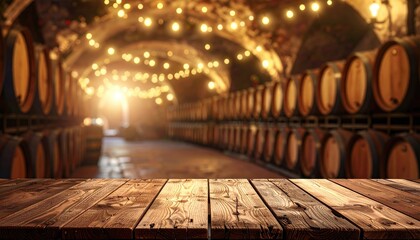 Wooden table before blurry cellar with barrels & string lights