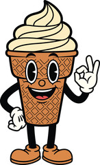 A cheerful cartoon soft serve ice cream cone mascot with a friendly smile making an OK hand gesture.