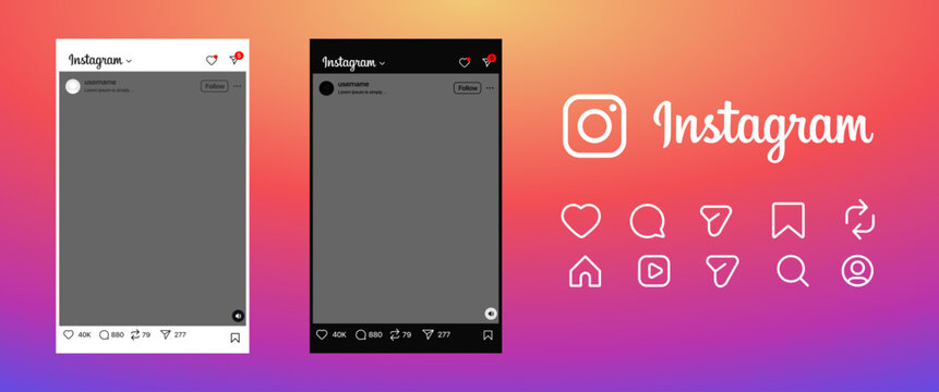 Instagram post mockup Dark Mode and Light Mode with a square image area and a lot of floating thumbs up and heart emojis.	