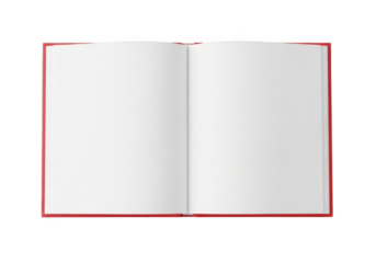 Open blank red book with empty white pages isolated on transparent background for writing or drawing copy space