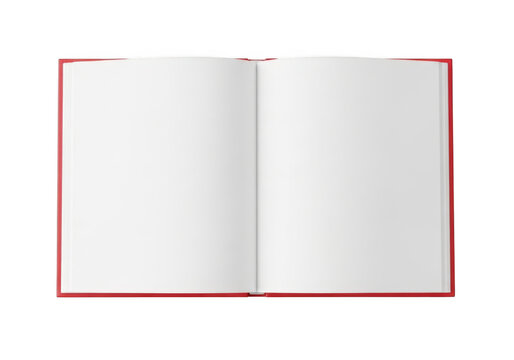 Open blank red book with empty white pages isolated on transparent background for writing or drawing copy space