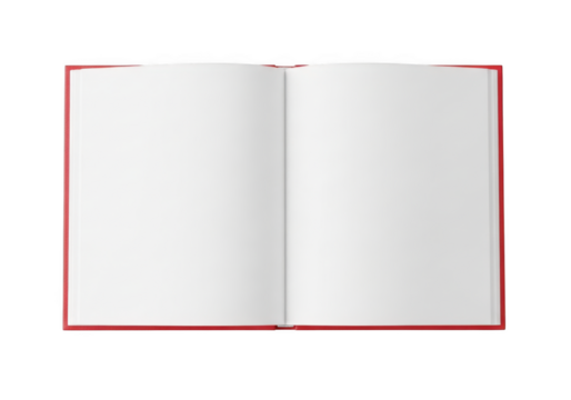 Open blank red book with empty white pages isolated on transparent background for writing or drawing copy space