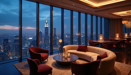Luxury lounge and bar offer panoramic city views at night. Upscale interior design with comfortable seating and ambient lighting. High-rise building offers exclusive atmosphere for guests.
