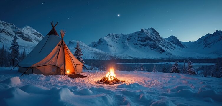 Sami lavvu tent glows warmly in snowy arctic landscape. Bonfire burns bright under starry night sky. Snow covered mountains rise behind frozen lake and pine trees. - Powered by Adobe