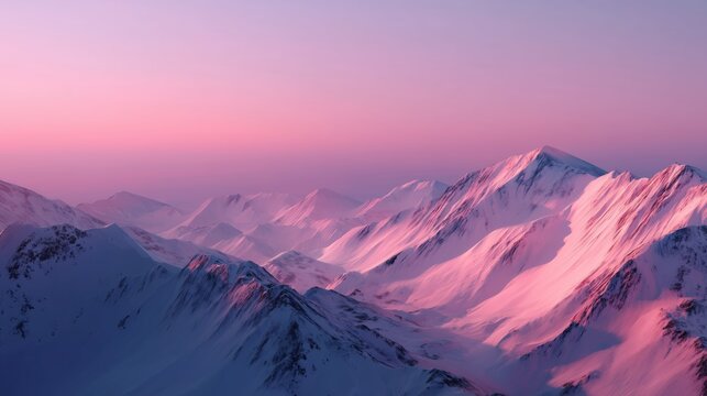Majestic mountain range at dusk under a colorful sky with snow-capped peaks
