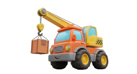 Orange toy crane lifting a wooden box isolated on transparent background