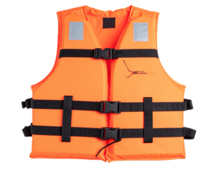 Isolated bright orange life jacket for water recreation or boating safety apparel equipment