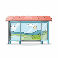 Landscape view seen through glass bus stop shelter on a sunny day