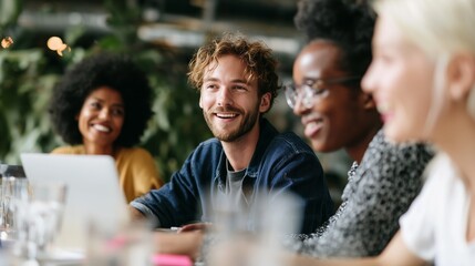 Smiling people engaged in a lively conversation during a group meeting in a bright space