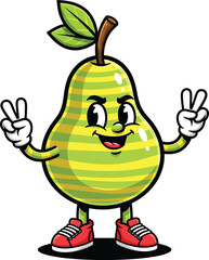 A cheerful striped green pear cartoon character making peace signs with both hands while wearing red sneakers.