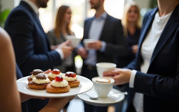 A networking coffee break at a corporate event, participants mingling with blurred focus on elegant pastries and coffee cups. High quality