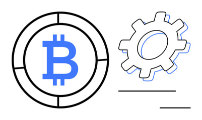 Obraz premium Bitcoin logo inside circle beside a cogwheel symbolizing cryptocurrency mechanism, blockchain, and cryptocurrency mining. Ideal for finance, technology, innovation, blockchain, cryptocurrency