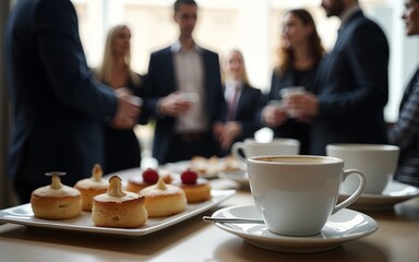 A networking coffee break at a corporate event, participants mingling with blurred focus on elegant pastries and coffee cups. High quality