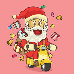 Cartoon Santa riding a scooter motorcycle delivering Christmas gifts, perfect for holiday delivery and festive courier themes.