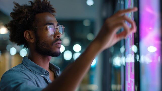 Young man interacts with digital screen in modern technology space during evening hours
