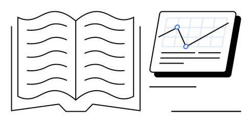 Open book highlighting knowledge and reading next to a graph displaying data trends. Ideal for education, research, analysis, learning, strategy, development, progress, simple flat metaphor