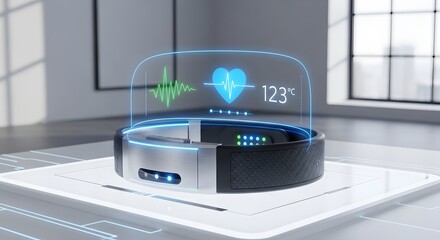 Futuristic fitness tracker displaying heart rate and health data on a holographic screen.