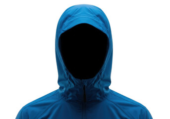 Closeup of a bright blue hooded technical jacket or windbreaker, isolated on transparent background, perfect for outdoor apparel catalog