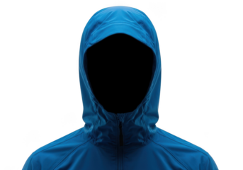 Closeup of a bright blue hooded technical jacket or windbreaker, isolated on transparent background, perfect for outdoor apparel catalog