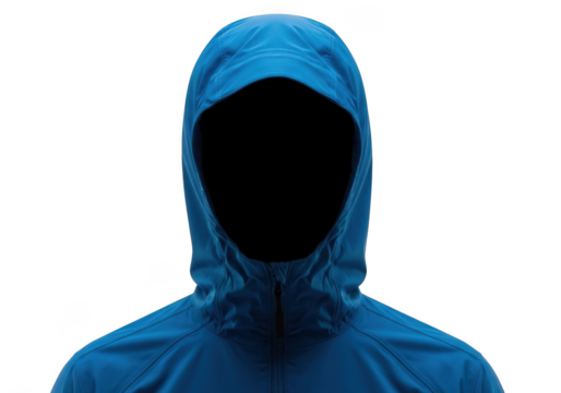 Closeup of a bright blue hooded technical jacket or windbreaker, isolated on transparent background, perfect for outdoor apparel catalog