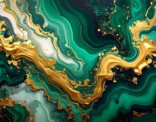 Flowing abstract artwork in emerald greens, whites and gold. Swirls and marbling create a luxurious and organic design